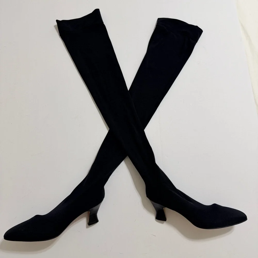 Anne‎ Klein Couture Vintage Black Lycra Thigh High Stocking Sock Boots Sz 8.5M